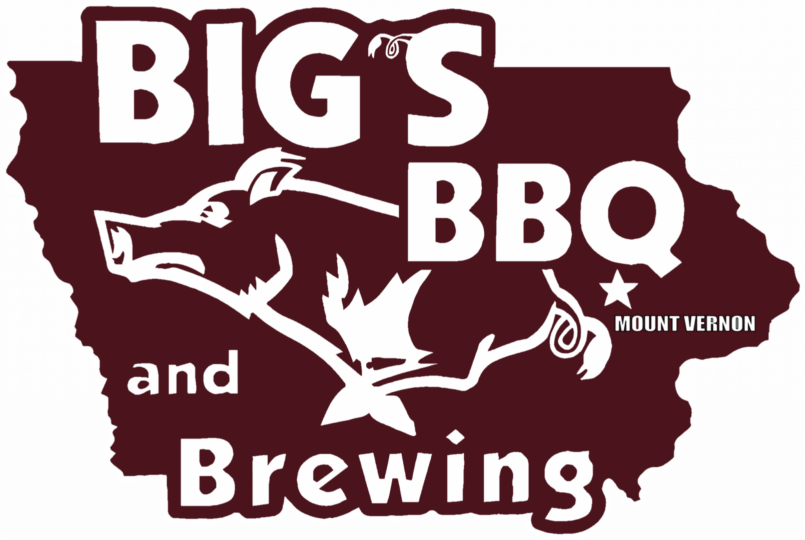 Big's BBQ and Brewing - logo - state of Iowa map with a hog running in the center and the words Big's BBQ and Brewing above and below the hog