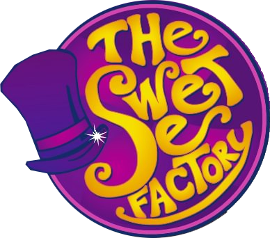The Sweet Factory Logo - a purple tall top hat with the words The Sweet Factory , colored in yellow, inside of a purple circle