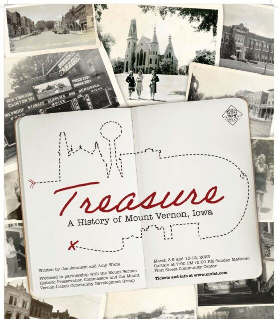 Poster for the play "Treasure: A History of Mount Vernon" shows a collage of historical photos with the title of the play on a piece of paper on top of the photos