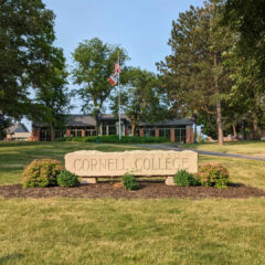 view of the Cornell College sign with the Thomas Commons in the background
