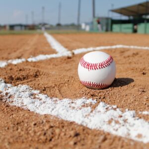 baseball sitting on the ground in a baseball field