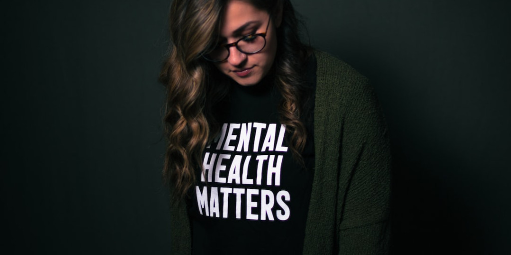 Woman wearing mental health matters t-shirt